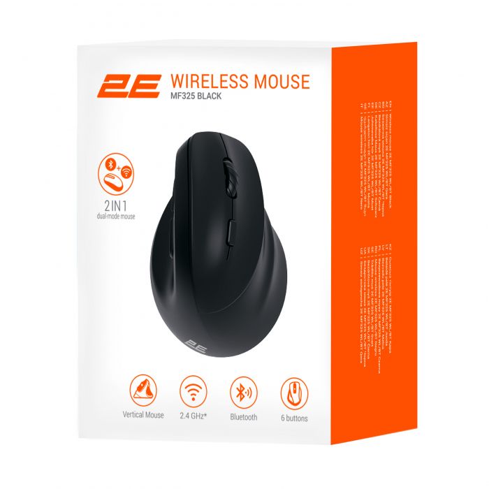 Миша 2E MF325 Silent, WL/BT, вертикальна, чорний