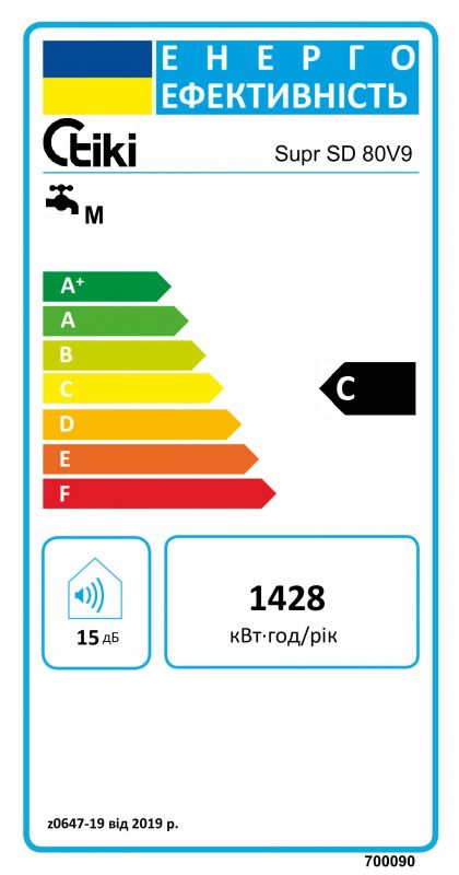 Водонагрівач електр. TIKI слім SuprSD, 80л, 2кВт, сухий тен, електр. кер-ння, C, білий, 700090