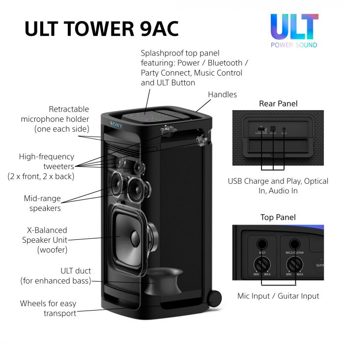 Акустична система Sony ULT TOWER 9AC 2.0, BT 5.3, LED, Party Connect, SBC, AAC, LDAC