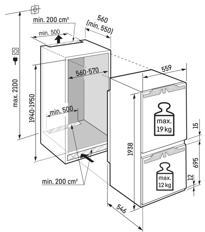 Холодильник Liebherr вбудований з нижн. мороз., 193.8x55.9х54.6, холод.відд.-215л, мороз.відд.-70л, 2дв., A++, NF, диспл внутр., білий