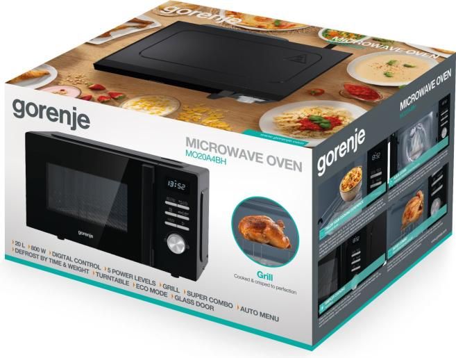 Мікрохвильова піч Gorenje, 20л, електр. керув., 800Вт, гриль, дисплей, 11 програм, чорний
