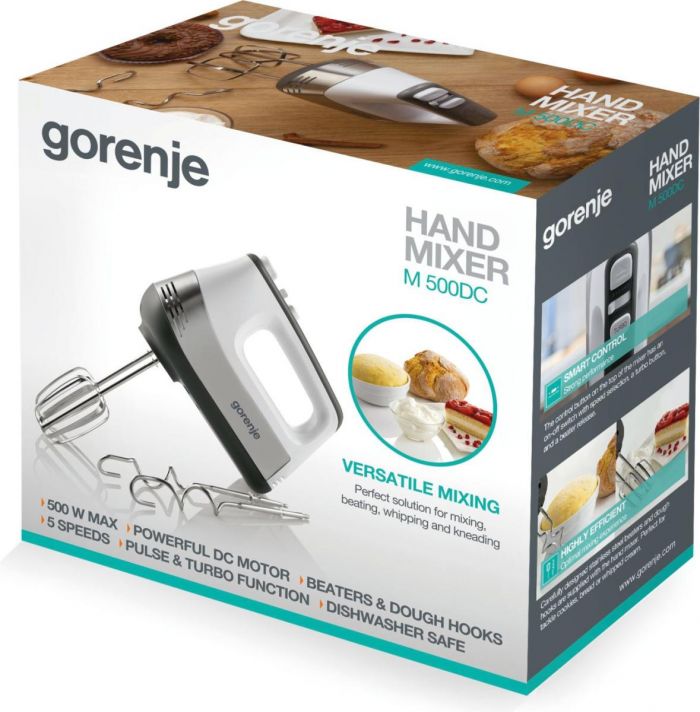 Міксер Gorenje ручний 500Вт, насадки-4 вінчика, турборежим, білий-нерж