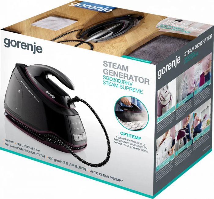 Праска-парогенератор Gorenje, 3000Вт, 1500мл, паровий удар -160гр, дисплей, керам. підошва, чорний