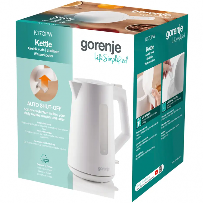 Електрочайник Gorenje 1.7л, Strix контроль, білий матовий