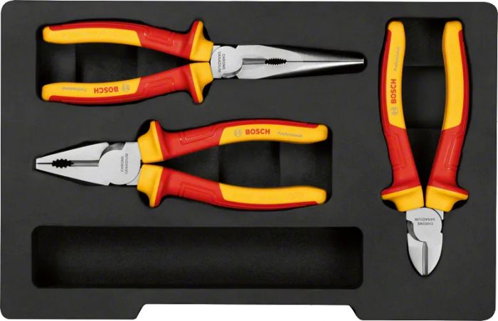 Набір шарнірно-губцевого інструменту Bosch Professional, набір 3 шт, (комбіновані плоскогубці, діагональний бокоріз, плоскогубці з довгим носом), VDE