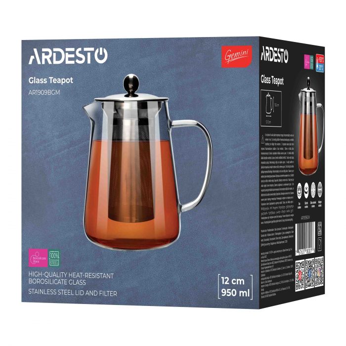 Заварник Ardesto Gemini Milano 950мл, боросилікатне скло, нержавіюча сталь, прозорий Заварник Ardesto Gemini Milano 950мл, боросилікатне скло, нержавіюча сталь, прозорий