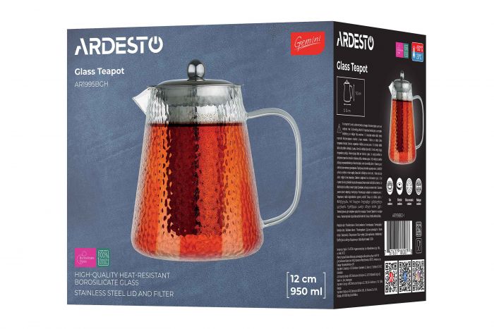 Заварник Ardesto Gemini 950мл, боросилікатне скло, нержавіюча сталь, прозорий Заварник Ardesto Gemini 950мл, боросилікатне скло, нержавіюча сталь, прозорий