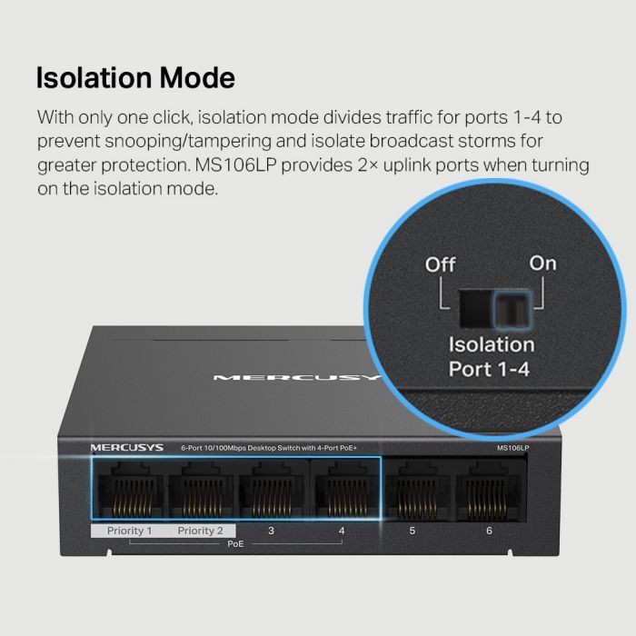 Комутатор MERCUSYS MS106LP 6xFE (4xPoE), 40Вт, Некерований