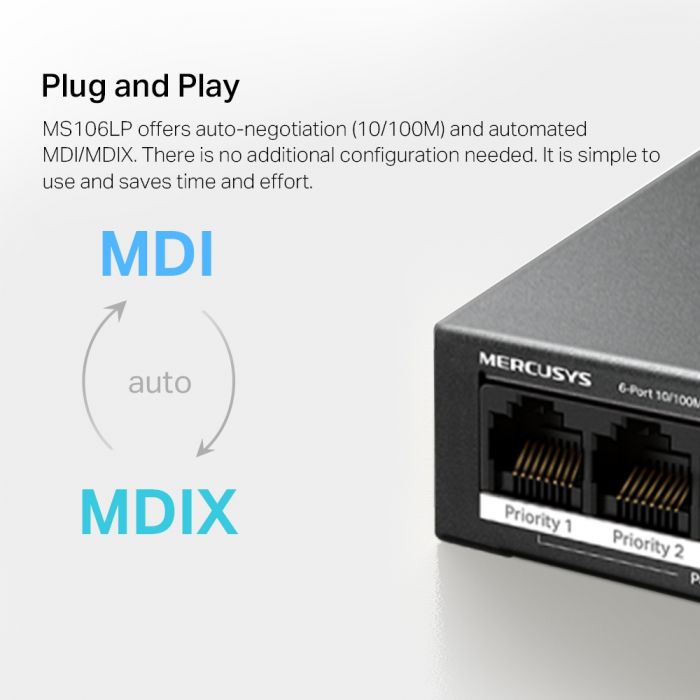 Комутатор MERCUSYS MS106LP 6xFE (4xPoE), 40Вт, Некерований