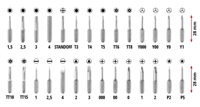 Біти Einhell, набір 33шт,HEX, PH, RIBE, SL, Spline, Torx, 28мм, кейс