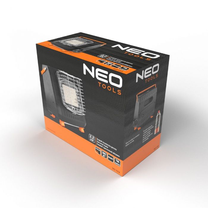 Обігрівач газовий Neo Tools, 2.2кВт, 160г/год, картриджний, регулятор, п'єзопідпал, чорний