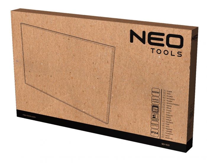 Панель інфрачервона Neo Tools, 600Вт, дистанційне управління, 100х60х3.8см, IP24, термостат, білий