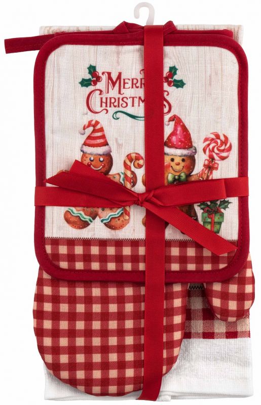 Подарунковий набір для кухні Ardesto Christmas Gingerbread, 3шт, 100% бавовна (рушничок), 100% поліестер (прихватки), червоний