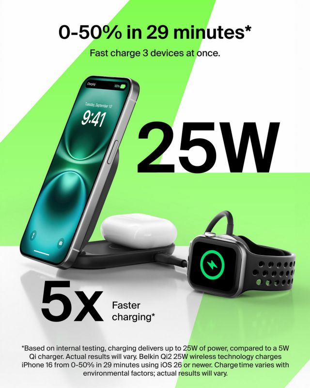 Зарядний пристрій бездротовий Belkin UltraCharge 2-in-1 Foldable Magnetic Charging 25Вт, чорний