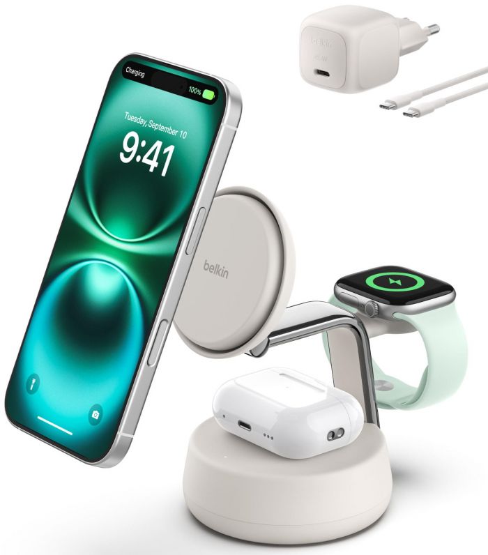 Зарядний пристрій бездротовий Belkin UltraCharge Pro 3-in-1 Magnetic Charging Dock 25Вт, Sand