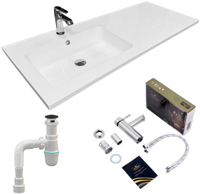 Набір для ванної кімнати, раковина, умивальник Adamant FLATE 120L, штучний камінь, прямокут., з сифоном Click-Clack + змішувач Набір для ванної кімнати, раковина, умивальник Adamant FLATE 120L, штучний камінь, прямокут., з сифоном Click-Clack + змішувач