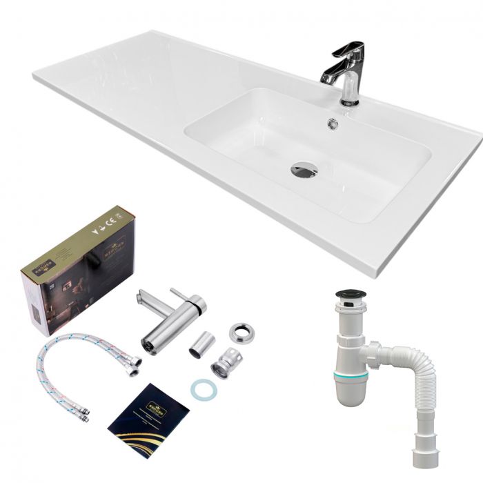 Набір для ванної кімнати, раковина, умивальник Adamant FLATE 120R, штучний камінь, прямокут., з сифоном Click-Clack + змішувач Набір для ванної кімнати, раковина, умивальник Adamant FLATE 120R, штучний камінь, прямокут., з сифоном Click-Clack + змішувач