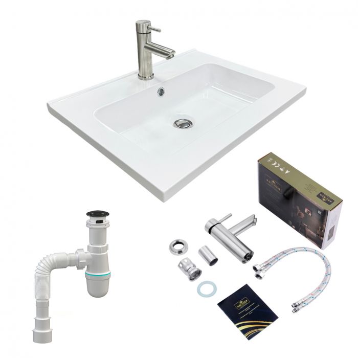 Набір для ванної кімнати, раковина, умивальник Adamant FLATE 60, штучний камінь, прямокут., з сифоном Click-Clack + змішувач Набір для ванної кімнати, раковина, умивальник Adamant FLATE 60, штучний камінь, прямокут., з сифоном Click-Clack + змішувач