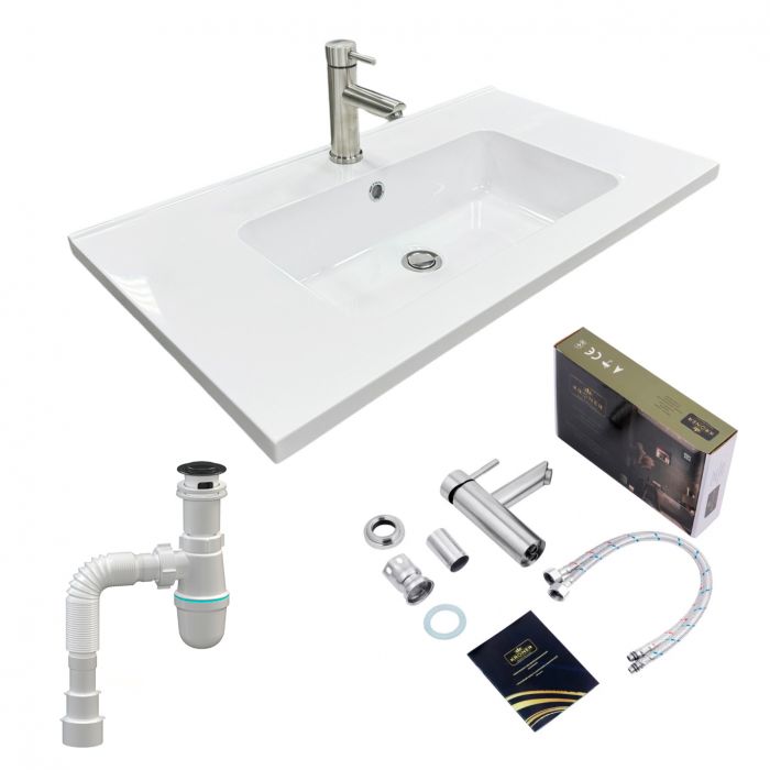 Набір для ванної кімнати, раковина, умивальник Adamant FLATE 80, штучний камінь, прямокут., з сифоном Click-Clack + змішувач Набір для ванної кімнати, раковина, умивальник Adamant FLATE 80, штучний камінь, прямокут., з сифоном Click-Clack + змішувач