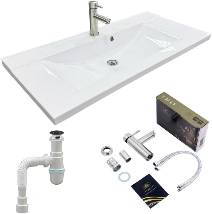 Набір для ванної кімнати, раковина, умивальник Adamant QUANTO 100, штучний камінь, прямокут., з сифоном Click-Clack + змішувач