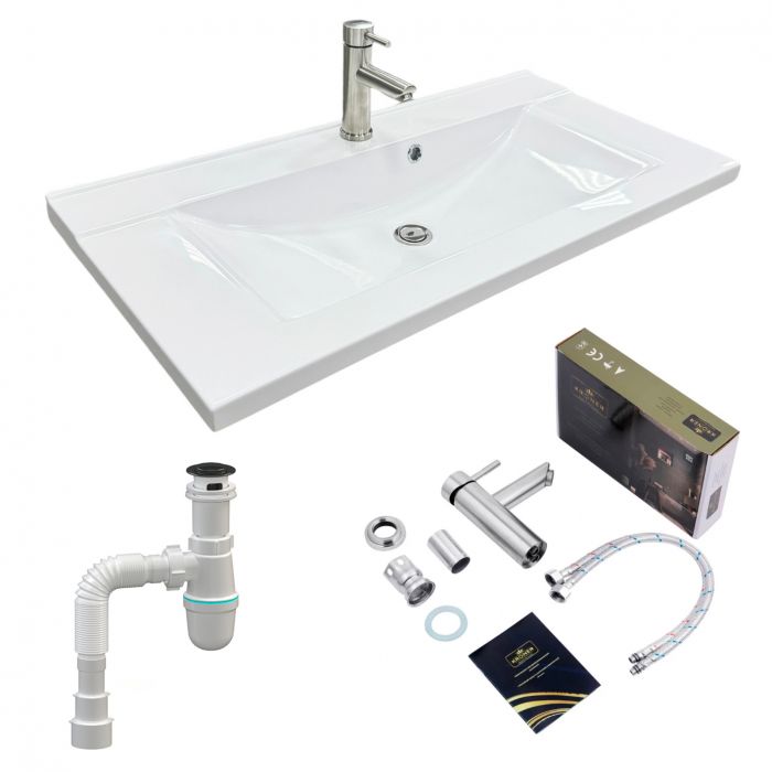 Набір для ванної кімнати, раковина, умивальник Adamant QUANTO 90, штучний камінь, прямокут., з сифоном Click-Clack + змішувач Набір для ванної кімнати, раковина, умивальник Adamant QUANTO 90, штучний камінь, прямокут., з сифоном Click-Clack + змішувач