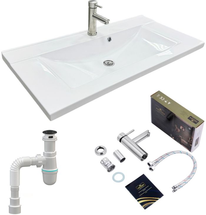 Набір для ванної кімнати, раковина, умивальник Adamant QUANTO 90, штучний камінь, прямокут., з сифоном Click-Clack + змішувач Набір для ванної кімнати, раковина, умивальник Adamant QUANTO 90, штучний камінь, прямокут., з сифоном Click-Clack + змішувач