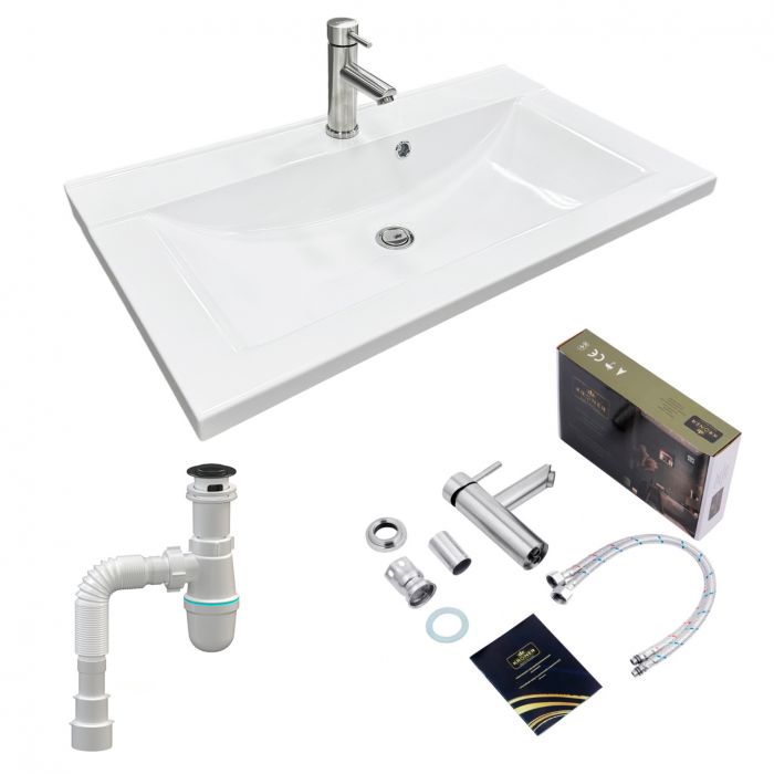 Набір для ванної кімнати, раковина, умивальник Adamant QUANTO 80, штучний камінь, прямокут., з сифоном Click-Clack + змішувач Набір для ванної кімнати, раковина, умивальник Adamant QUANTO 80, штучний камінь, прямокут., з сифоном Click-Clack + змішувач