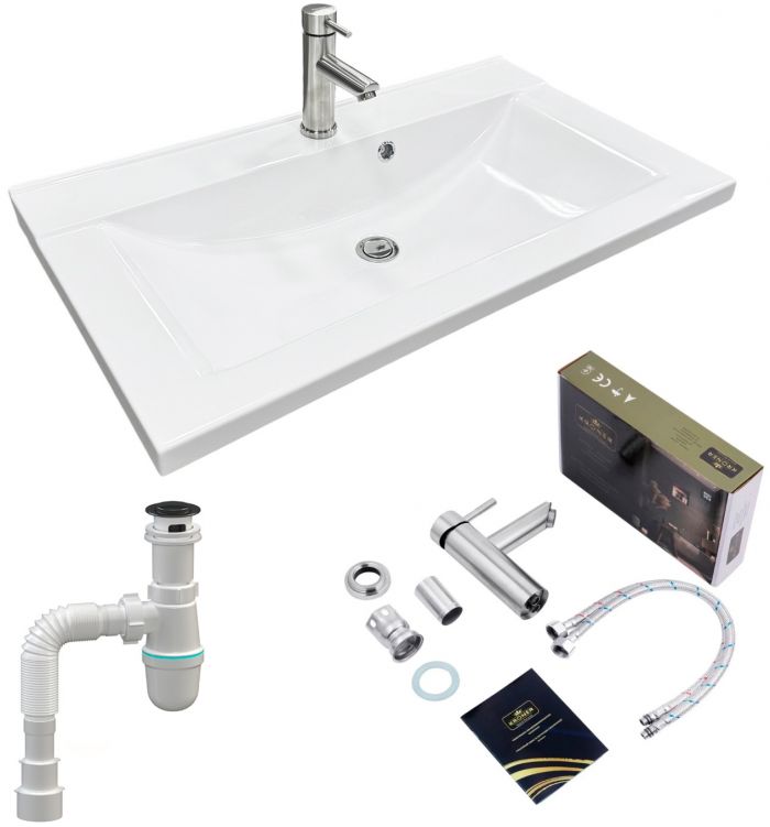 Набір для ванної кімнати, раковина, умивальник Adamant QUANTO 80, штучний камінь, прямокут., з сифоном Click-Clack + змішувач Набір для ванної кімнати, раковина, умивальник Adamant QUANTO 80, штучний камінь, прямокут., з сифоном Click-Clack + змішувач