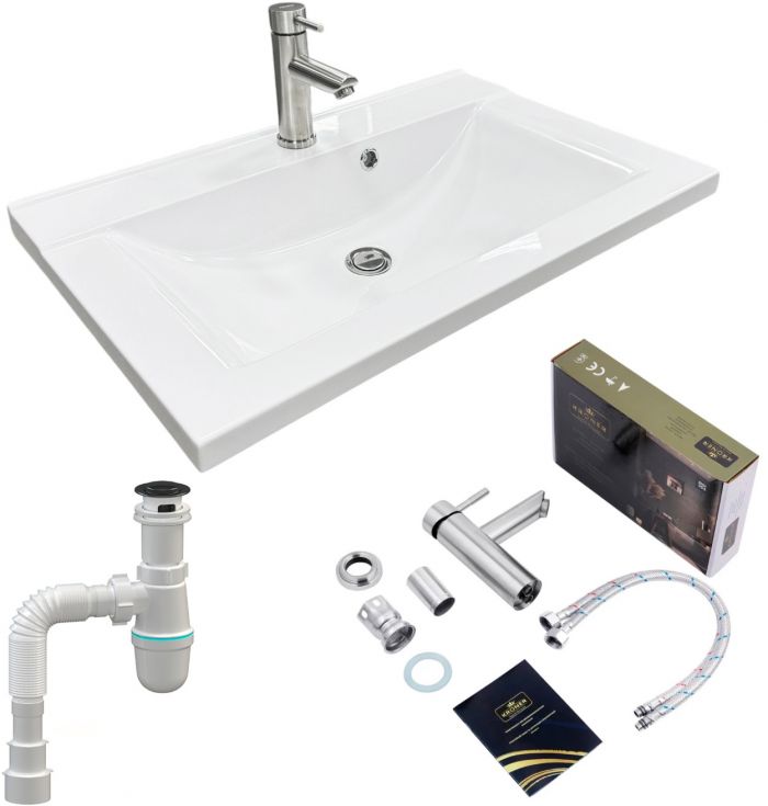 Набір для ванної кімнати, раковина, умивальник Adamant QUANTO 70, штучний камінь, прямокут., з сифоном Click-Clack + змішувач Набір для ванної кімнати, раковина, умивальник Adamant QUANTO 70, штучний камінь, прямокут., з сифоном Click-Clack + змішувач