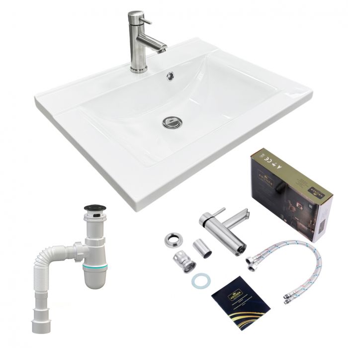 Набір для ванної кімнати, раковина, умивальник Adamant QUANTO 60, штучний камінь, прямокут., з сифоном Click-Clack + змішувач Набір для ванної кімнати, раковина, умивальник Adamant QUANTO 60, штучний камінь, прямокут., з сифоном Click-Clack + змішувач