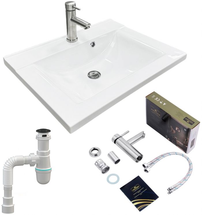 Набір для ванної кімнати, раковина, умивальник Adamant QUANTO 60, штучний камінь, прямокут., з сифоном Click-Clack + змішувач Набір для ванної кімнати, раковина, умивальник Adamant QUANTO 60, штучний камінь, прямокут., з сифоном Click-Clack + змішувач