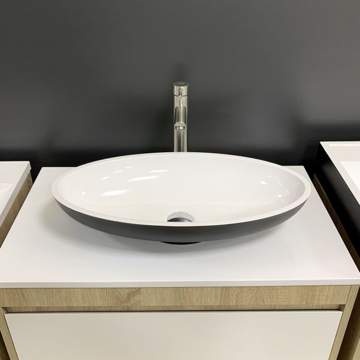 Раковина, умивальник Adamant ANDERE NEW, штучний камінь, овальна, без отвору для змішувача та переливу, 590х295х130мм, накладний, чорно-білий Раковина, умивальник Adamant ANDERE NEW, штучний камінь, овальна, без отвору для змішувача та переливу, 590х295х130мм, накладний, чорно-білий