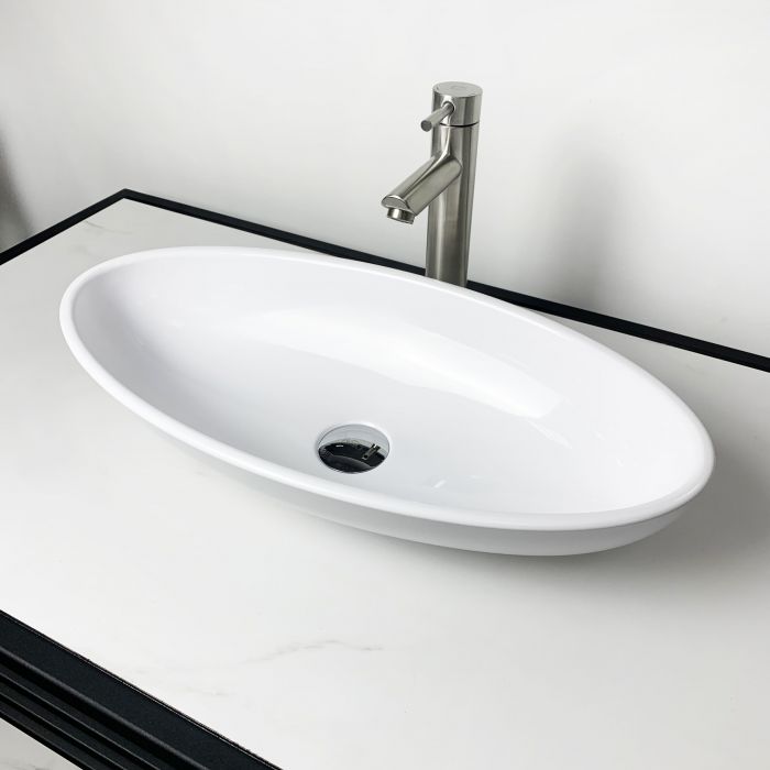 Раковина, умивальник Adamant ANDERE NEW, штучний камінь, овальна, без отвору для змішувача та переливу, 590х295х130мм, накладний, білий Раковина, умивальник Adamant ANDERE NEW, штучний камінь, овальна, без отвору для змішувача та переливу, 590х295х130мм, накладний, білий