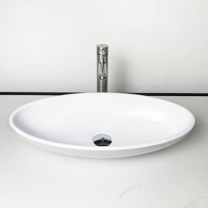 Раковина, умивальник Adamant ANDERE NEW, штучний камінь, овальна, без отвору для змішувача та переливу, 590х295х130мм, накладний, білий Раковина, умивальник Adamant ANDERE NEW, штучний камінь, овальна, без отвору для змішувача та переливу, 590х295х130мм, накладний, білий