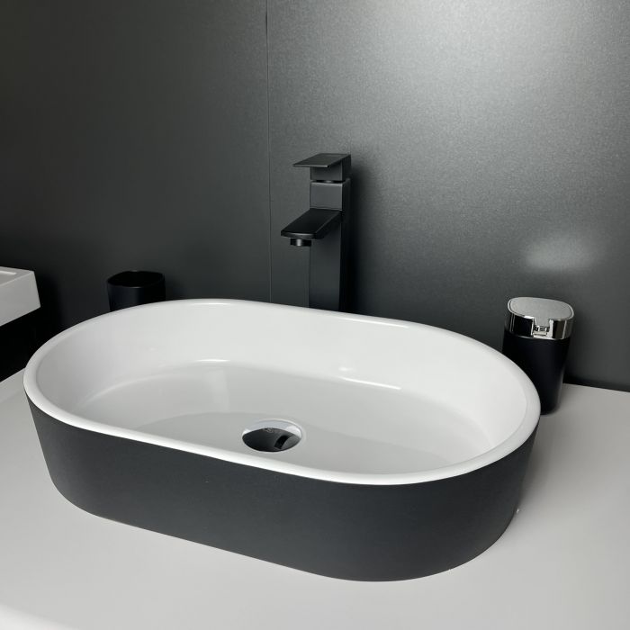 Раковина, умивальник Adamant BESTE NEW, штучний камінь, овальна, без отвору для змішувача та переливу, 540x350x11мм, накладний, чорно-білий Раковина, умивальник Adamant BESTE NEW, штучний камінь, овальна, без отвору для змішувача та переливу, 540x350x11мм, накладний, чорно-білий