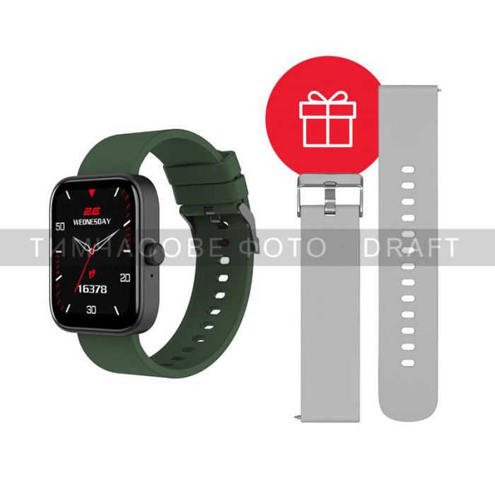 Смарт-годинник 2E Alpha SQ Music Edition 46мм, 1.78", 368x448, AMOLED, BT 5.2, Чорно-зелений + ремінець сірий