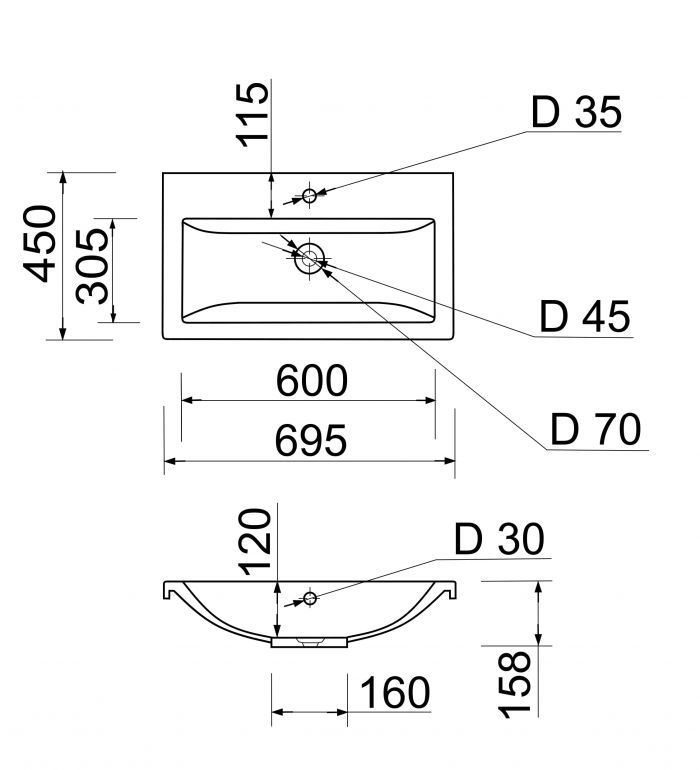 Раковина, умивальник Adamant CERS, штучний камінь, прямокут., з отвором для змішувача, з отвором для переливу, 695x450x158мм, накладний, білий Раковина, умивальник Adamant CERS, штучний камінь, прямокут., з отвором для змішувача, з отвором для переливу, 695x450x158мм, накладний, білий