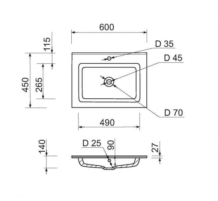 Раковина, умивальник Adamant FLATE, штучний камінь, прямокут., з отвором для змішувача, з отвором для переливу, 600х450х140мм, накладний, білий Раковина, умивальник Adamant FLATE, штучний камінь, прямокут., з отвором для змішувача, з отвором для переливу, 600х450х140мм, накладний, білий