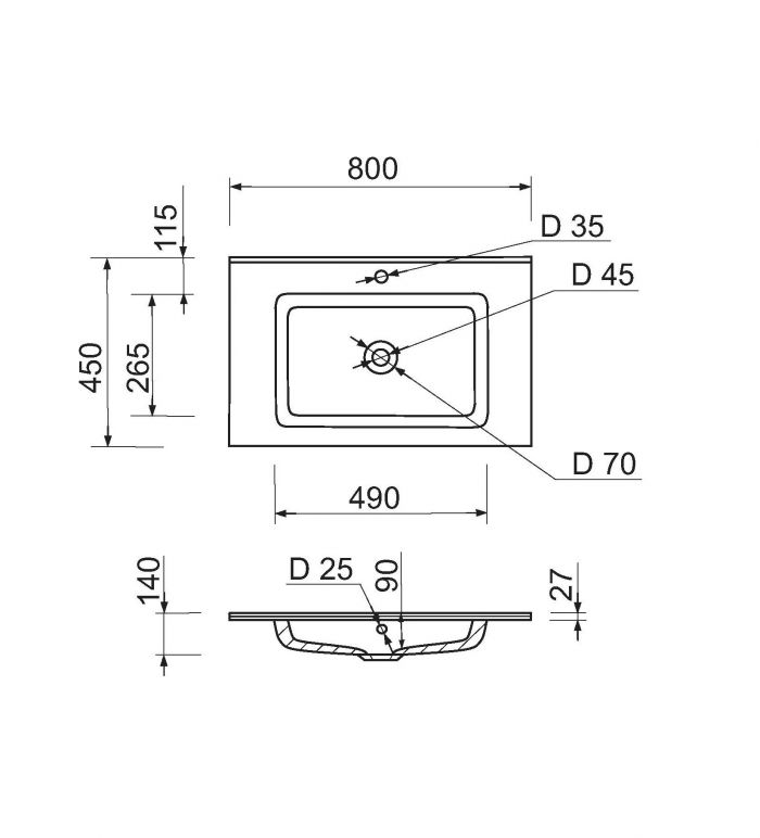 Раковина, умивальник Adamant FLATE, штучний камінь, прямокут., з отвором для змішувача, з отвором для переливу, 800х450х140мм, накладний, білий Раковина, умивальник Adamant FLATE, штучний камінь, прямокут., з отвором для змішувача, з отвором для переливу, 800х450х140мм, накладний, білий
