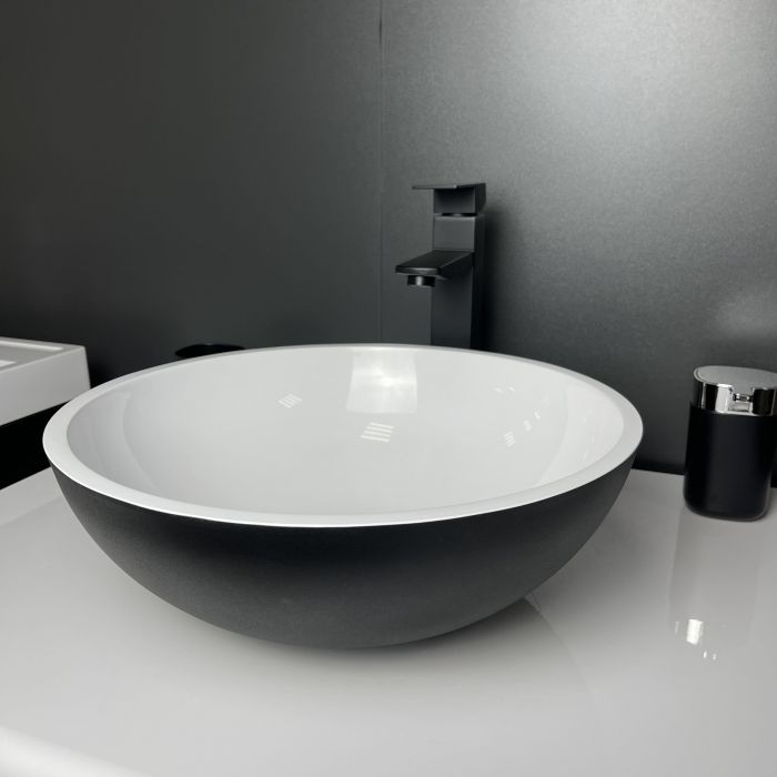 Раковина, умивальник Adamant KREIS, штучний камінь, кругла, без отвору для змішувача та переливу, 420х150мм, накладний, чорно-білий Раковина, умивальник Adamant KREIS, штучний камінь, кругла, без отвору для змішувача та переливу, 420х150мм, накладний, чорно-білий
