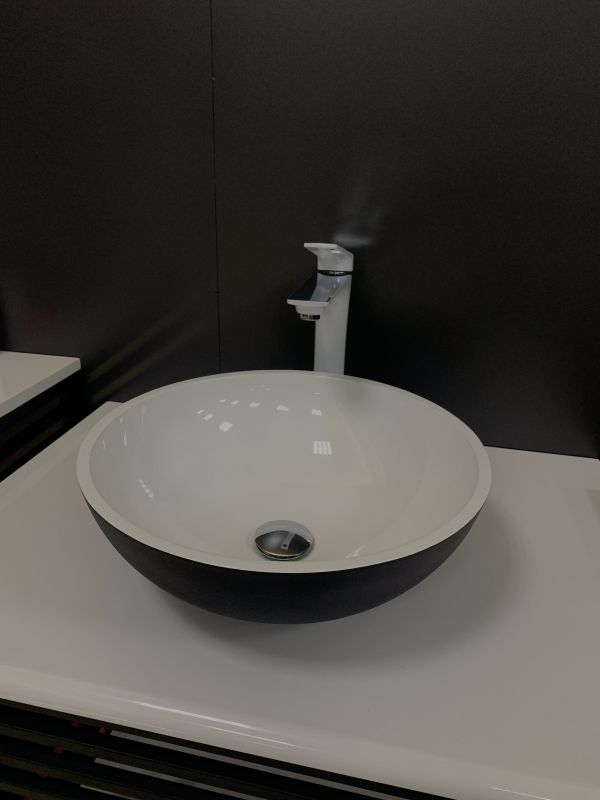 Раковина, умивальник Adamant KREIS, штучний камінь, кругла, без отвору для змішувача та переливу, 420х150мм, накладний, чорно-білий Раковина, умивальник Adamant KREIS, штучний камінь, кругла, без отвору для змішувача та переливу, 420х150мм, накладний, чорно-білий