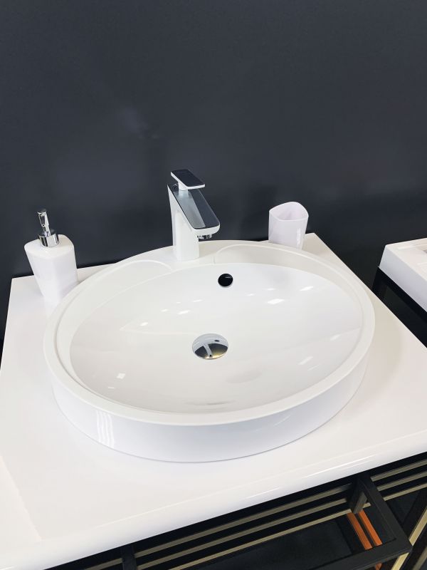 Раковина, умивальник Adamant Lauf New, штучний камінь, овальна, без отвору для змішувача, з отвором для переливу, 540х445х130мм, накладний, білий Раковина, умивальник Adamant Lauf New, штучний камінь, овальна, без отвору для змішувача, з отвором для переливу, 540х445х130мм, накладний, білий