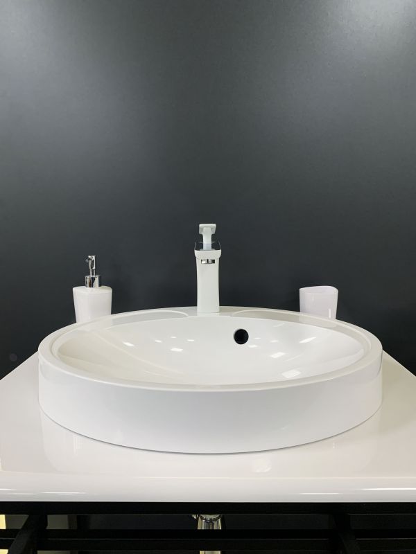 Раковина, умивальник Adamant Lauf New, штучний камінь, овальна, без отвору для змішувача, з отвором для переливу, 540х445х130мм, накладний, білий Раковина, умивальник Adamant Lauf New, штучний камінь, овальна, без отвору для змішувача, з отвором для переливу, 540х445х130мм, накладний, білий