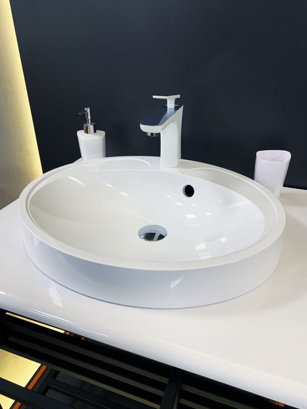 Раковина, умивальник Adamant Lauf New, штучний камінь, овальна, без отвору для змішувача, з отвором для переливу, 540х445х130мм, накладний, білий Раковина, умивальник Adamant Lauf New, штучний камінь, овальна, без отвору для змішувача, з отвором для переливу, 540х445х130мм, накладний, білий