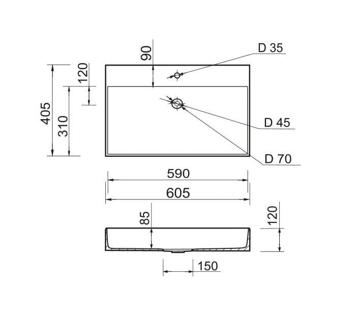 Раковина, умивальник Adamant SLENDER, штучний камінь, прямокут., з отвором для змішувача, без переливу, 605x405x120мм, накладний, білий Раковина, умивальник Adamant SLENDER, штучний камінь, прямокут., з отвором для змішувача, без переливу, 605x405x120мм, накладний, білий