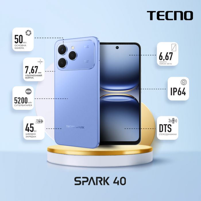 Смартфон TECNO Spark 40 (KM5n) 6.67" 8/256ГБ, 2SIM, 5200мА•год, Mirage Blue