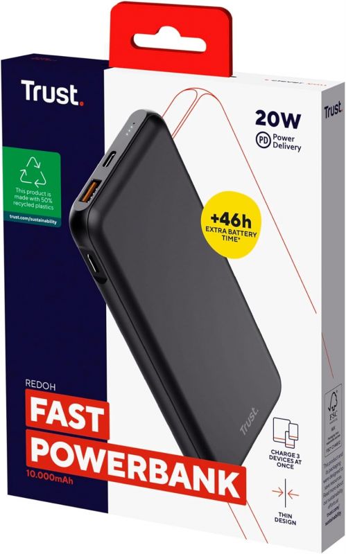 Акумулятор портативний літій-іонний power bank Trust Redoh, 10000мА·год, USB-A/2хUSB-C, 18W, QC 3.0, PD, чорний Акумулятор портативний літій-іонний power bank Trust Redoh, 10000мА·год, USB-A/2хUSB-C, 18W, QC 3.0, PD, чорний