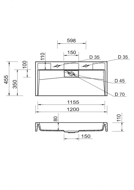 Раковина, умивальник Adamant VISION, штучний камінь, прямокут., з отвором для змішувача, без переливу, 1200х455х110мм, накладний, білий Раковина, умивальник Adamant VISION, штучний камінь, прямокут., з отвором для змішувача, без переливу, 1200х455х110мм, накладний, білий