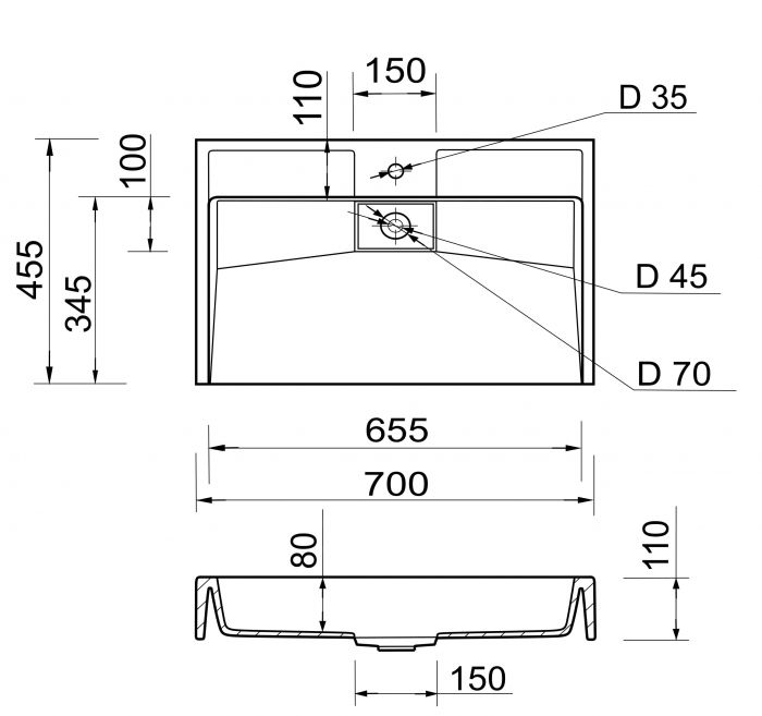 Раковина, умивальник Adamant VISION, штучний камінь, прямокут., з отвором для змішувача, без переливу, 700х455х110мм, накладний, білий Раковина, умивальник Adamant VISION, штучний камінь, прямокут., з отвором для змішувача, без переливу, 700х455х110мм, накладний, білий