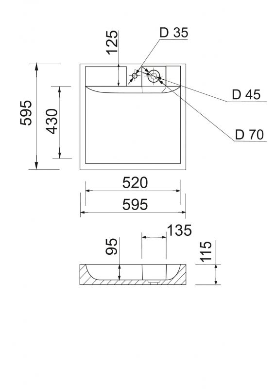 Раковина, умивальник Adamant WASHER NEW, штучний камінь, прямокут., з отвором для змішувача, без переливу, 595х595х115мм, накладний, чорно-білий Раковина, умивальник Adamant WASHER NEW, штучний камінь, прямокут., з отвором для змішувача, без переливу, 595х595х115мм, накладний, чорно-білий